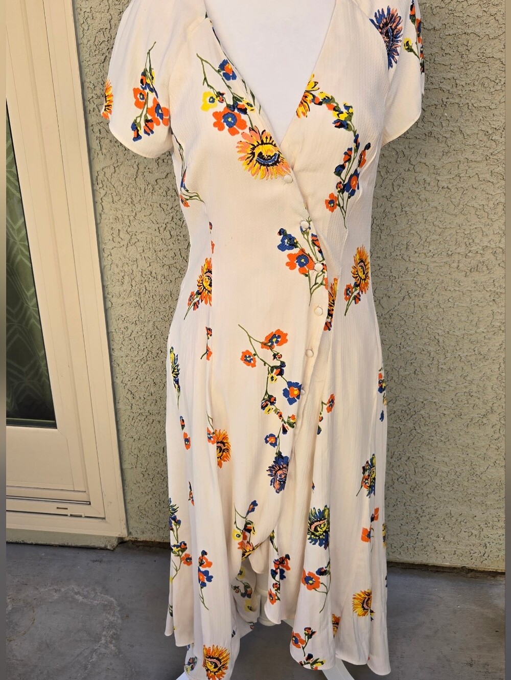 Free People Floral Wrap Midi Dress in Cream with Orange & Blue Accents